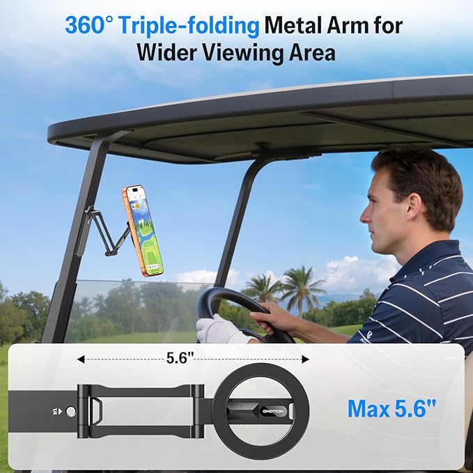 OMOTON CV08 Magnetic Golf Cart Phone Mount with [1/4” Screw + 5.6” Extendable Arm], 360° Rotatable Holder, Strong Magnets for iPhone & Samsung, Fits EZ-GO/Club Car, Includes Pouch & Strap (Black)