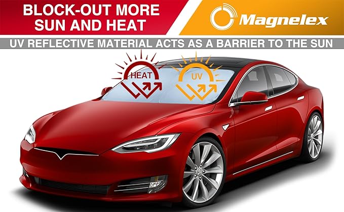 Magnelex Tesla Windshield Sunshade for Model S 2012-2026 - Reflective 240T Material Car Sun Visor with Mirror Cut-Out. Tesla Model S Sunshade | Foldable Sun Shade for Sun Heat and UV Protection