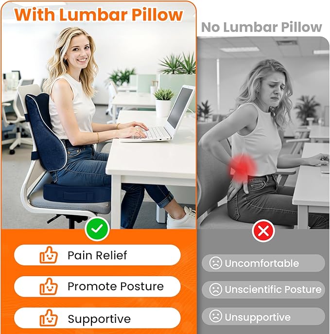 CloudBliss Ergonomic Lumbar Support Pillow Seat Cuhsion - Memory Foam for Lower Back Pain Relief, Adjustable Straps & Mesh Cover for Office, Gaming, Car Seat (Blue)