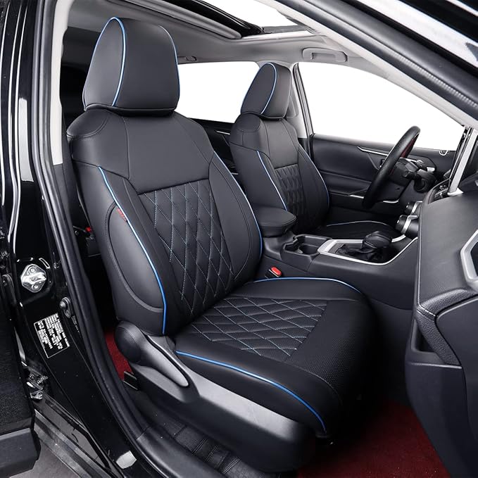 EKR Rav4 Seat Covers Custom Fit for Toyota Rav4 (Hybrid) Woodland/Limited 2026, Leather Car Seat Cover Full Set for SUV,Faux Leather(Black with Blue Piping)