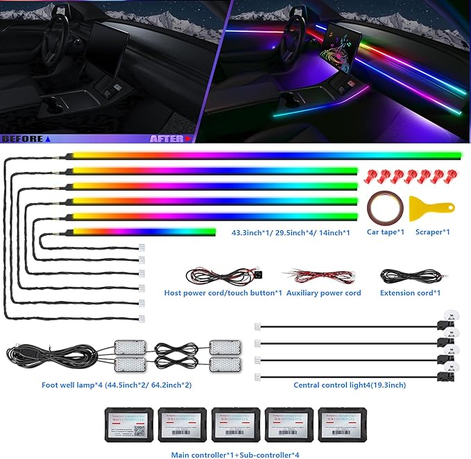Dreamcolor Acrylic Interior Car LED Strip Light with Wireless APP, RGB 14 in 1 with 175 inches 600 LEDs Fiber Optic Car Ambient Lighting Kits, Music Sync Function Neon LED Strip for Car Accessories