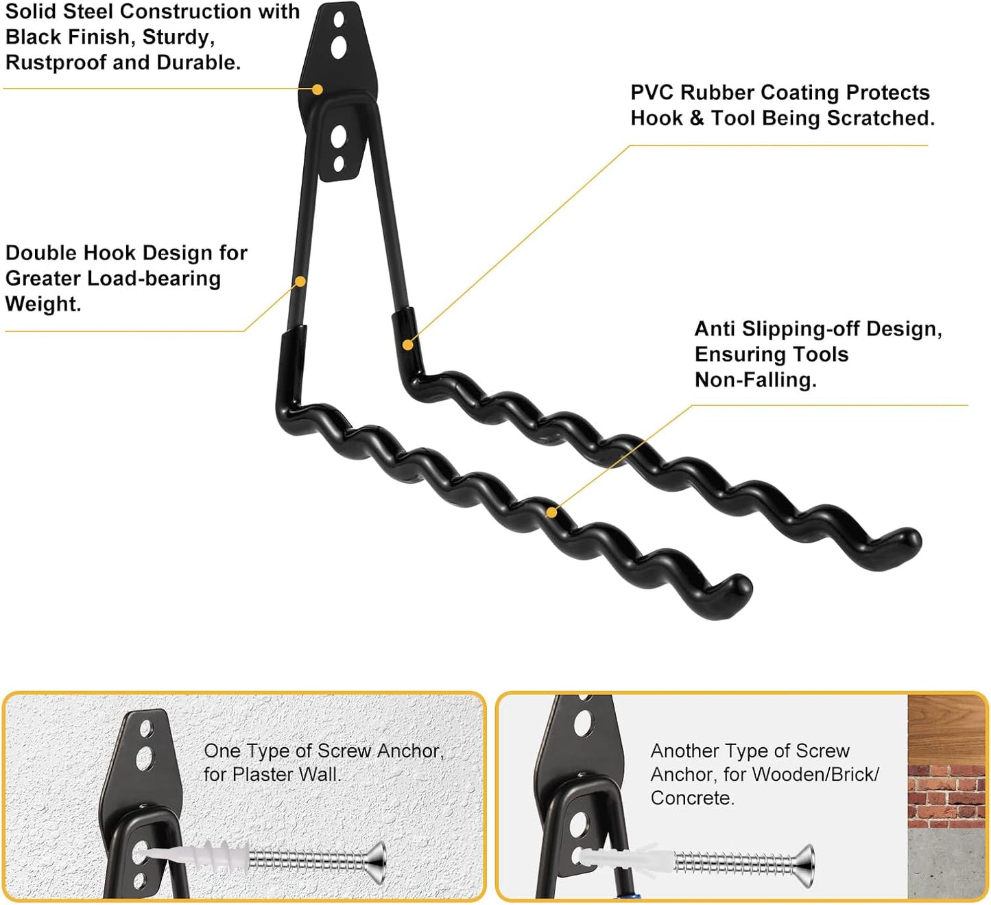 Wall Mounted Garage Hooks Tool Organizer, 14 Inch Garage Storage Hook Heavy Duty Utility Wall Hangers Black for Ladders, Hose, Garden Tools, Set of 4