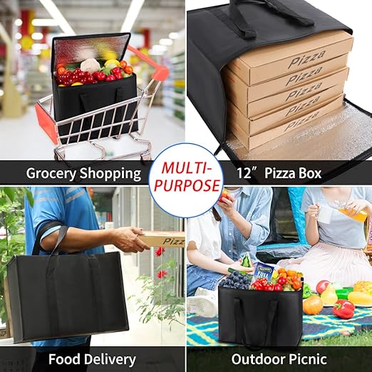 CIVJET 1-Pack Insulated Reusable Grocery Bags, X-Large Insulated Food Delivery Bag for Drivers/Catering/Rideshare, Commercial Food Warmer for Shopping, Tote Cooler Bags, Black