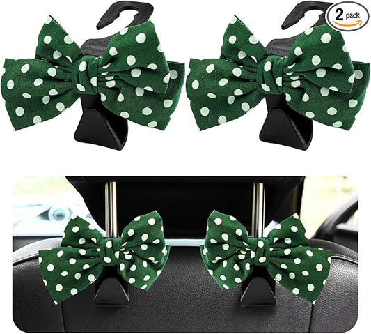 2 PCS Car Seat Headrest Hooks, Cute Bow Shaped Vehicle Backseat Storage Hooks, Leather Bow Shaped Sturdy Car Seat Back Hooks for Purses/Coats/Umbrellas, Car Accessories (Green Dot)
