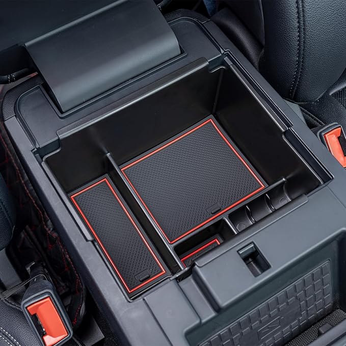 TOPINSTALL 2020-2026 Ford Explorer Console Organizer Tray - Compatible with 2020+ Ford Explorer Deep Armrest Storage Box with Coin Holder & Non-Slip Mats, Red Interior 6th Gen Explorer Accessories
