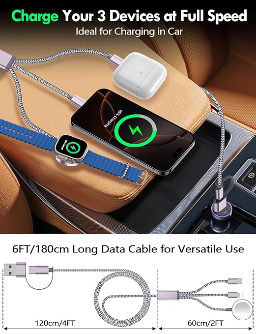1Pack Multi Charging Cable Cord for Travel Essentials,Apple Watch Charger,iPhone Charger,[3-in-2] Type C/L Cable Portable Designed for iWatch,iPhone 17-8,Galaxy S25-21,AirPods,iPad-1.8M Gray