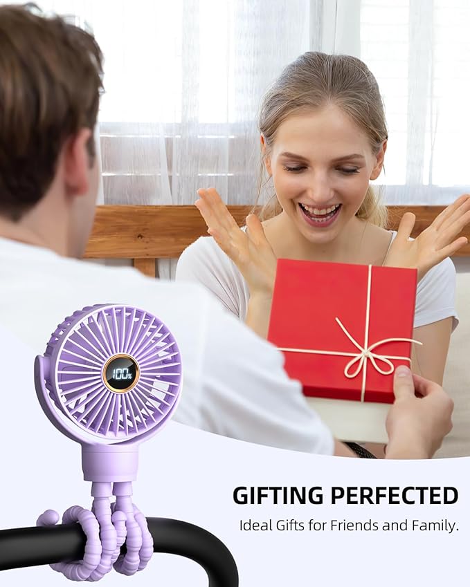 buywoo Portable Stroller Mini Fan, Small Rechargeable Personal Fan, Travel Essentials for Baby, Wagon, Car Seat, Treadmill, Battery Powered Biking Gear Accessories, 360° Rotation, 3-Speed, Display