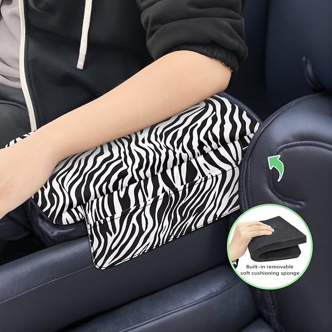 Car Center Console Cover with Storage Bag, Zebra Print Non-Slip Armrest Seat Box Cover Protector, Universal Car Decor Accessories Fit for Most Cars, Vehicles, SUVs