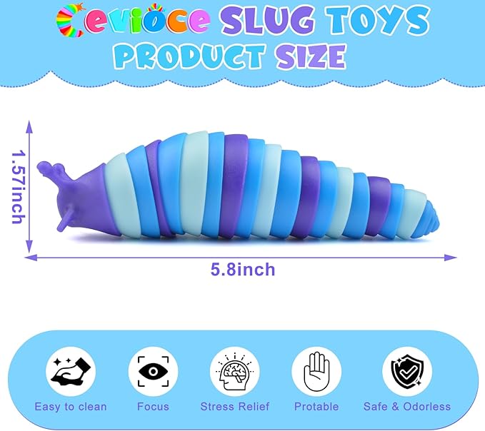 Cevei Cevoce Sensory Slug Fidget Toys for Adults & Kids - 6Pc Cute Autism Sensory Toy Set for Autistic Children, Ages 3+, (5.8 Inch)