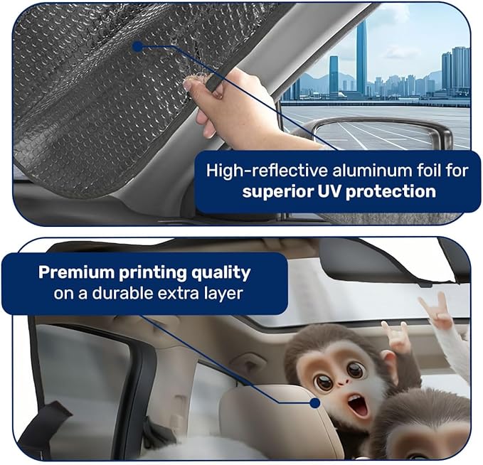 GENANY Monkey Windshield Sun Shade for Car SUV Truck (55x30 Inches), Front Window Visor for Windows, Protector Blocks UV