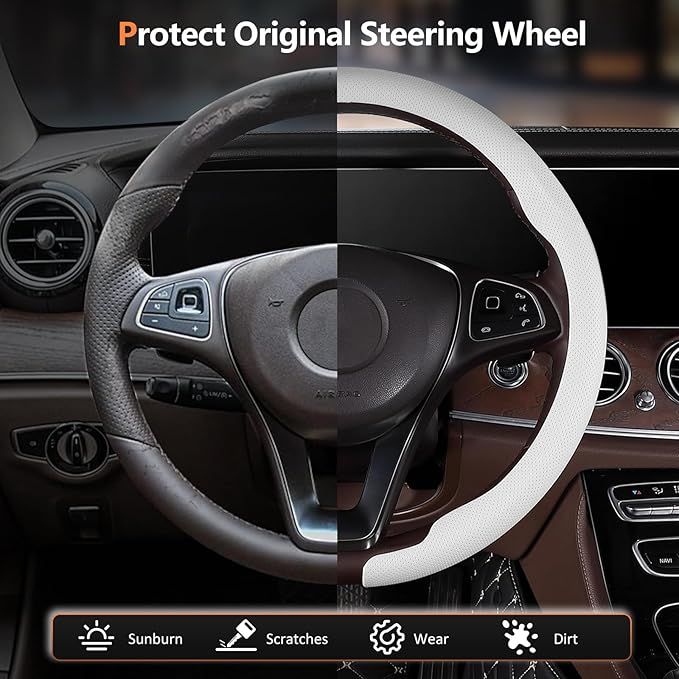 Aimato Car Steering Wheel Cover 2 Piece Non-Slip Clip on Microfiber Leather Steering Wheel Cover,Ultra-Thin Breathable,Universal Fit 14.5"-15" Wheel,White