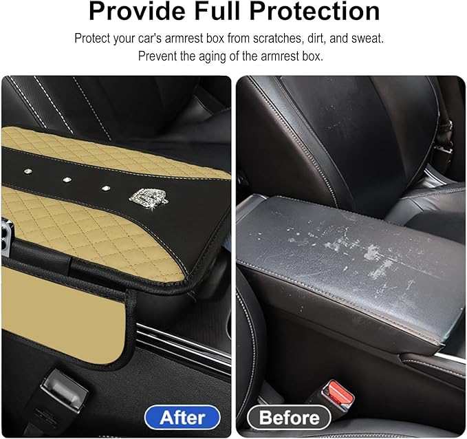 NBTEPEM Bling Crown Car Center Console Armrest Cover, Leather Middle Console Cover Cushion with 2 Storage Bags, Car Armrest Storage Box Interior Accessories for Most Vehicles(Beige)