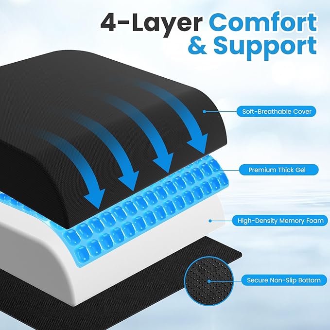 Wheelchair Seat Cushion for Pressure Relief, Cooling Gel Memory Foam Chair Cushion with Slope-Edge Design, Coccyx Support for Tailbone Pain, Non-Slip, for Wheelchairs, Office Chairs & Car Seats