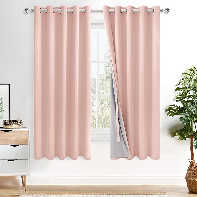 XWZO 100% Blackout Curtains 63 Inches Length with Tiebacks- Heat and Full Light Blocking Window Treatment with Black Liner for Bedroom/Nursery, Grommet Top, Blush Pink, W60 x L63, Set of 2