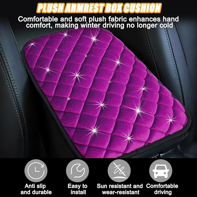 Mandark Bling Car Center Console Cover, Crystal Rhinestone Fluffy Automotive Armrest Seat Box Cushion Pad, Soft Comfortable Diamond Arm Rest Protection Mat, Universal Vehicle Accessories (Purple)