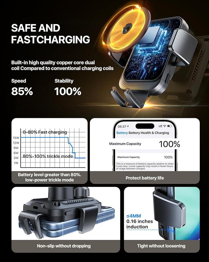 Wireless Car Charger with Phone Holder Mount, 15W Fast Charging Auto Clamping Phone Holders for You Car Windshield Dashboard Air Vent Accessories for iPhone, Samsung Galaxy (Black)