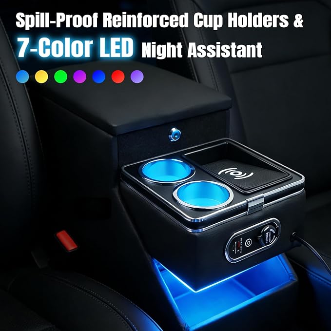 Vehicle Center Console Organizer with 7-Color Ambient Light & 10W Wireless Charging - Lockable Storage & Dual Cup Holders for Minivans, SUVs & Vans 10.24 inch Wide