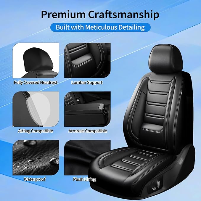 Fit Malibu Car Seat Covers for Select Chevrolet/Chevy Malibu 2009-2025 - Full Coverage Leather, Airbag Compatible, Waterproof & All Weather Seat Cushion Protector, Full Set, Black