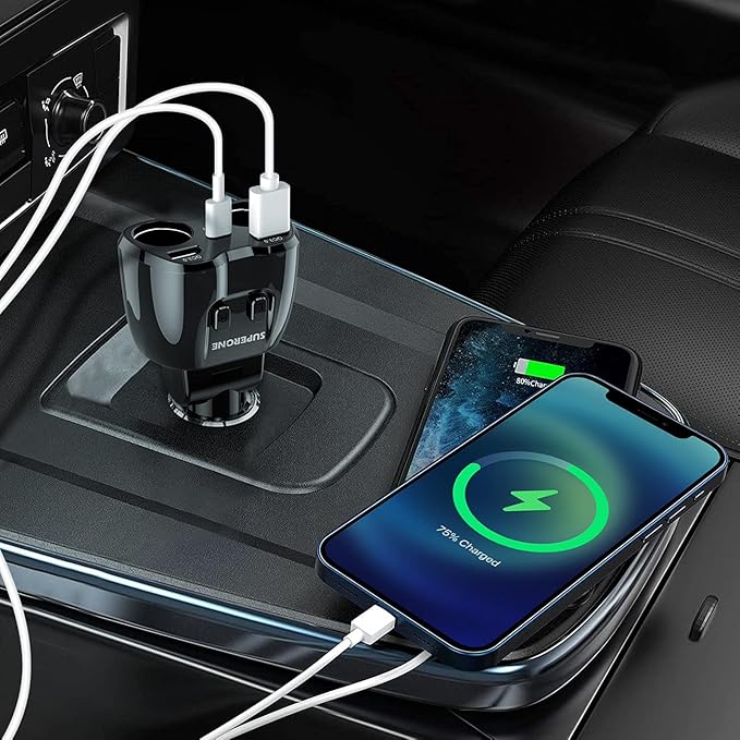 [2026 Upgraded] Cigarette Lighter Splitter, SUPERONE 180W 2-Socket Cigarette Lighter Adapter with Dual QC3.0 and 20W PD USB C Car Charger Splitter for GPS/Dash Cam/Laptop/iPad/iPhone 17/16/15/14/13/12