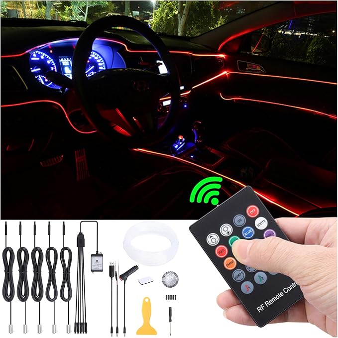 Car Ambient Lighting Kit 8 Colors Multicoloured Music Optic Fiber RF Remote Control Car DIY Decorative Atmosphere Lighting DC 12V 1W 6m