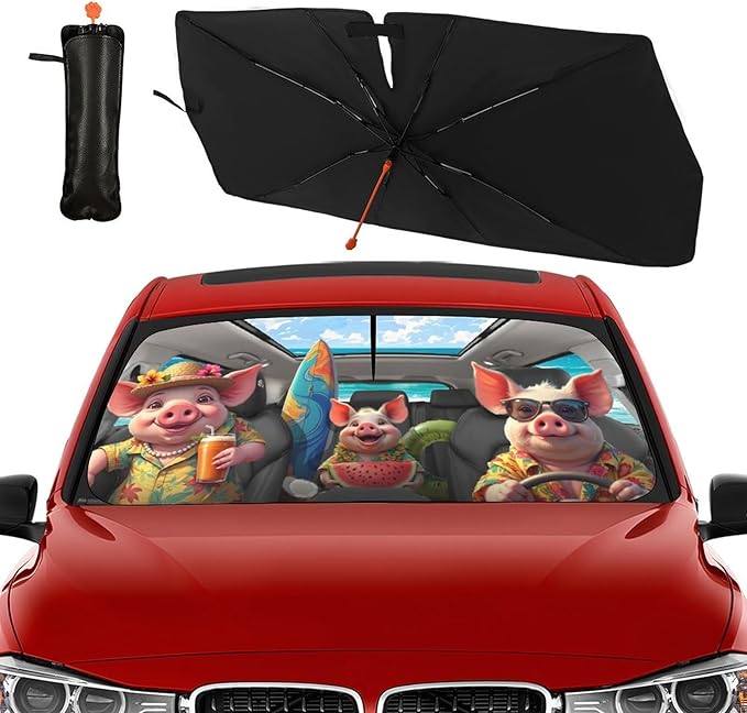 Socira Funny Pig Car Windshield Sunshade Umbrella Foldable Umbrella Sun Shade Windshield Cover Cute Pig Sunshade Car Accessories Blocks Uv Rays Keeps Cool (57" X 30")