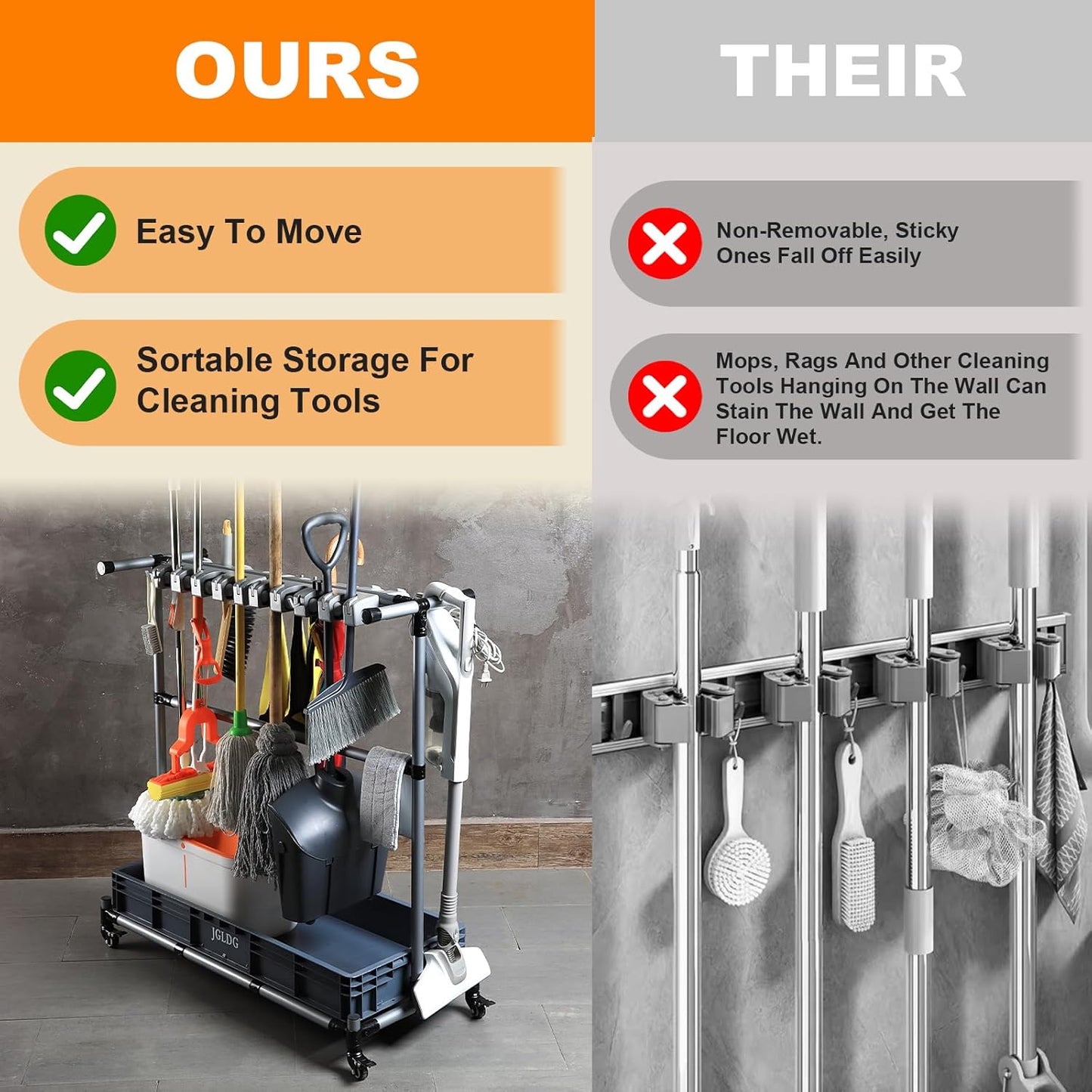 Mop and Broom Holder with Wheels - Keep Your Cleaning Tools Organized! (L)
