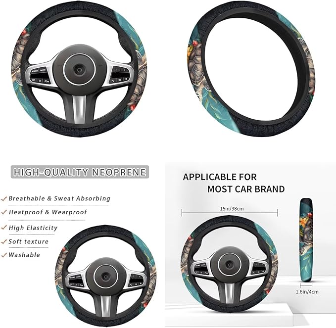 Blue Sea Turtle 6pcs Car Steering Wheel Cover Set for Men Women Auto Interior Accessories Cup Holder Armrest Pad Seatbelt Cushion Fit for SUV Truck Vans