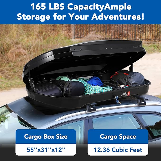 Garvee Heavy Duty Hard Shell Roof Top Cargo Carrier - 55(L) x31(W) x12(H) Waterproof Lockable Storage Box Capacity 165 Lbs 12.4 Cu Ft - Tool-Free Install- Fits SUV, Truck, Van