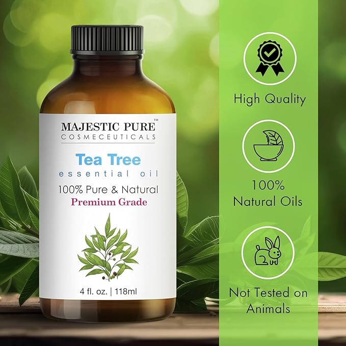 Majestic Pure Essential Oil with Glass Dropper - 100% Pure and Natural - Essential Oils for Diffuser, Aromatherapy, Soap and Candle Making, Tea Tree Essential Oil, Tea Tree Oil, 4 Fl Oz