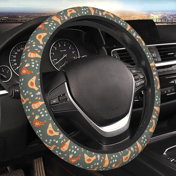 Chicken Cartoon Flowers Steering Wheel Cover for Women Elastic Rubber Steering Wheel Universal 15 Inch Fit for Cars, Auto, SUVs