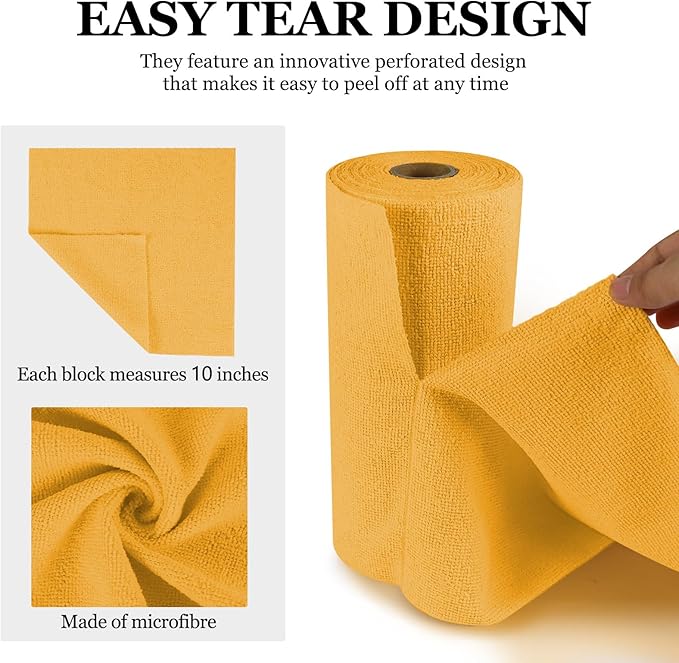 wuyaoyao 50PCS Microfiber Cleaning Cloth Roll, 10"×10" Tear Away Microfiber Towels, Reusable Washable Cloth Paper Towels, Multi-Purpose Cleaning Rags for Car Home Kitchen Garage Shop (Orange)