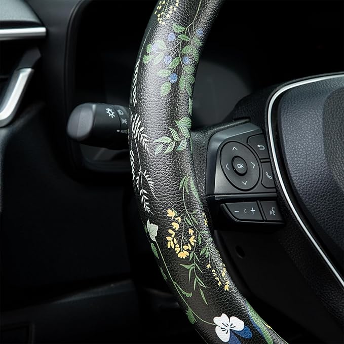 Boho Floral Steering Wheel Cover Auto Leather Steering Wheel Protector, Anti-Slip, Breathable, Absorbing Sweat, Universal Floral Car Accessories 14.5–15 inch,Fit for Most Car, Trucks, SUV