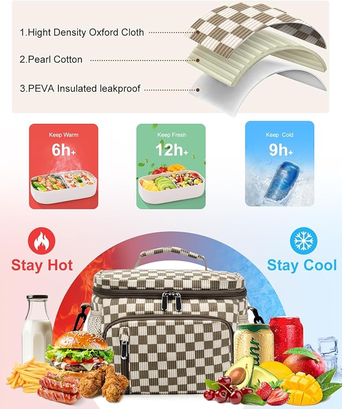 Insulated Lunch Bag for Men & Women, 9L Leakproof Lunch Box Soft Cooler Tote with 5 Pockets, 600D Oxford, EVA Lining, Adjustable Strap for Work, Picnic, Beach&Travel-Corduroy Khaki Checkered