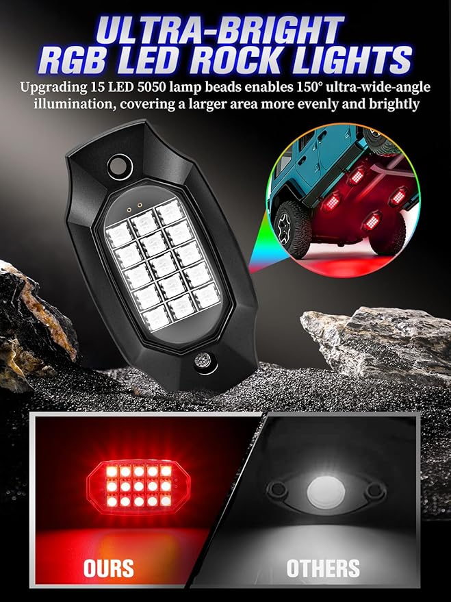 8 Pods RGB LED Rock Lights with APP/RF Remote Control High Brights Waterproof Underglow Multicolor Zone Neon Exterior Rock Lights for 12V Trucks Jeep UTV ATV RZR Offroad Pickup SUV Accessory