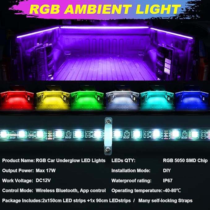 Pickup Truck Bed LED Lights,3 Pcs(2x59 +1x35 inch) LED Strip Lights 16 Million Colors with APP Control Sync to Music Neon LED Strip for Pickup Truck,SUV,RV,Boat.(3 Light Bars)
