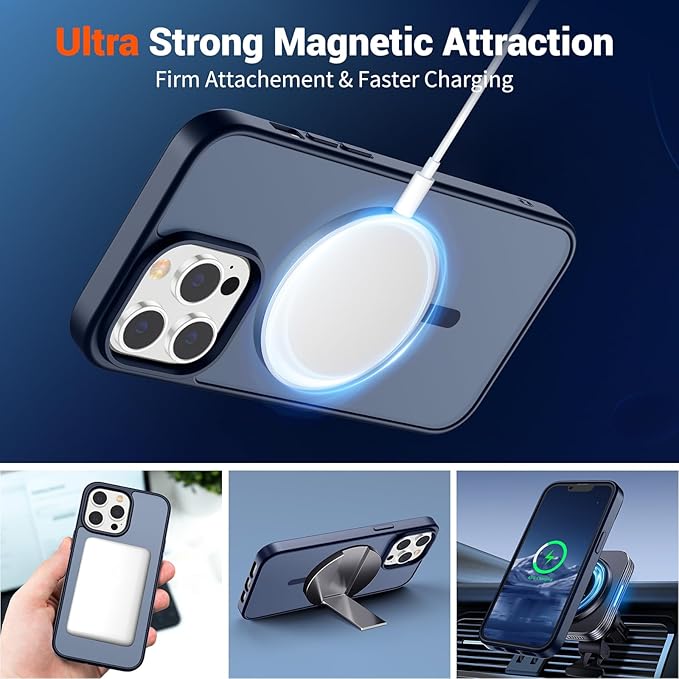 SUPFINE Magnetic for iPhone 13 Pro Case with Screen Protector (Compatible with MagSafe) (Military Grade Drop Protection) Translucent Matte Shockproof Phone Cover,Dark Blue