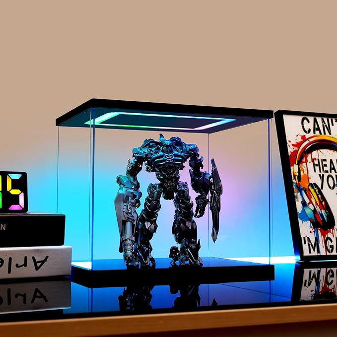 Clear Acrylic Display Case with Light for Miniature House Building Sets, Multiple Color Lights Dustproof Protection Display Box for Collectibles Action Figures（11.4×9.4×9.8inch）