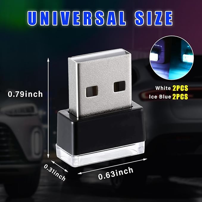 Augeny 4 PCS USB LED Car Interior Atmosphere Lamp, Plug-in USB Decor Night Light, Portable Auto Ambient Lighting Kit, Universal Vehicle Interior Accessories for Most Cars (White & Ice Blue)