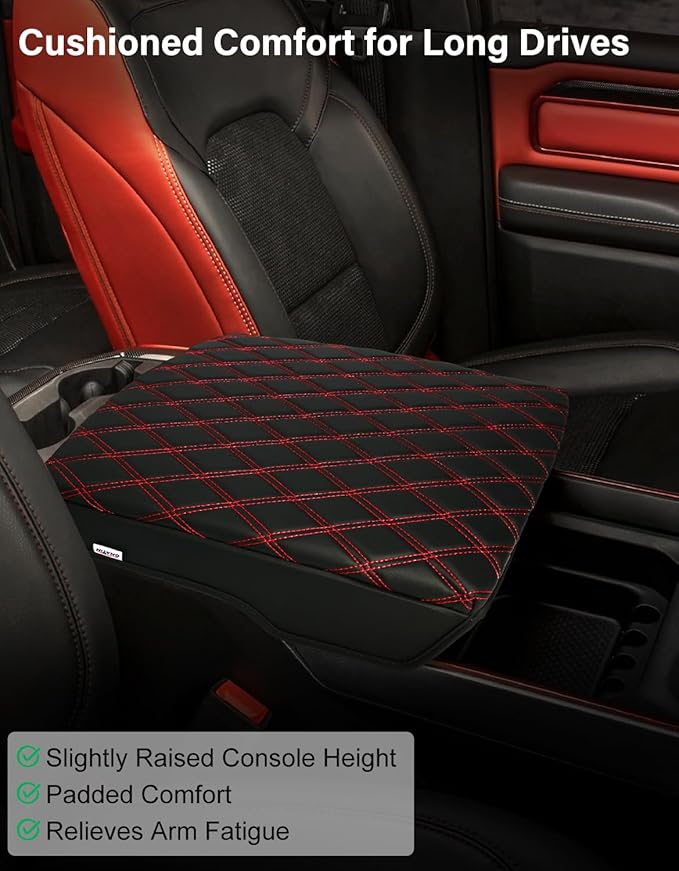 Center Console Cover for 2019-2026 Dodge Ram 1500 2500 3500 Accessories, Vinyl Leather for 5th Ram 1500 Armrest Cushion Pad Anti-Scratch, Black/Red Stitching(Bucket Seat Only)
