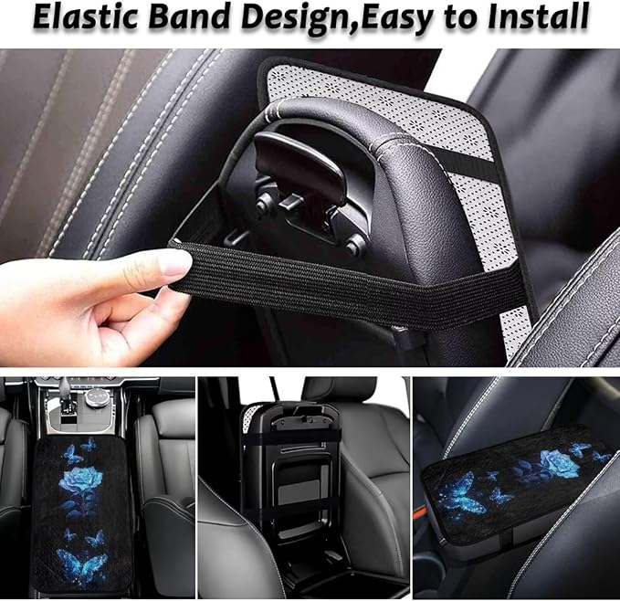 Butterfly Rose Armrest Cover Car Soft Comfortable Auto Center Console Pad Flannel Anti-Slip Armrest Cover Center Console Cushion for Most Vehicle, SUV,Truck,Car