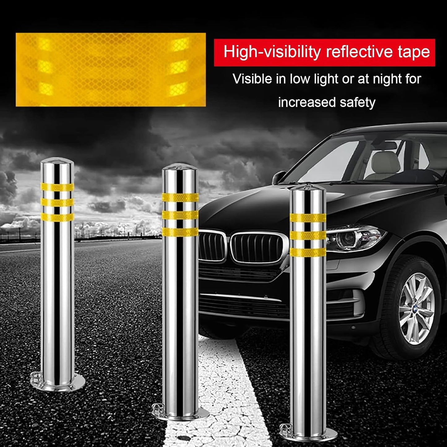 Stainless Steel Parking Bollards for Driveway, Industrial Safety Bollards Reflective Channelizer Post, Parking Barrier, Sturdy and Durable, Easy to Install, for Crowd Control(Silver (4pcs),7.6*75cm/3*