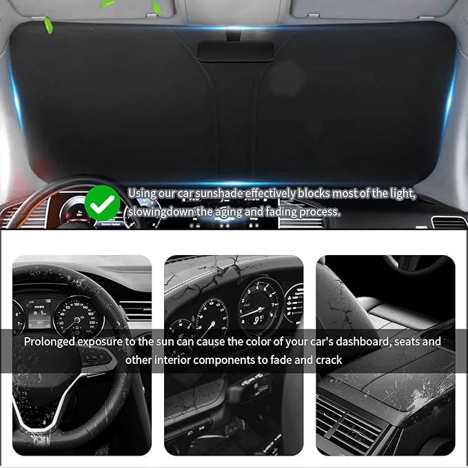57.09x31.5 Holographic Front Windshield Sun Shade,Car Sun Shade Windshield for Thermal Insulation and Shading in 210T Titanium Silver Cloth,Collapsible Sunshade for Car Windshields