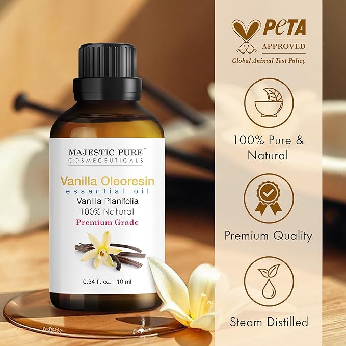 Majestic Pure Essential Oil with Glass Dropper - 100% Pure and Natural - Essential Oils for Diffuser, Aromatherapy, Soap and Candle Making, Vanilla Essential Oil, Vanilla Oil, 0.3 Fl Oz