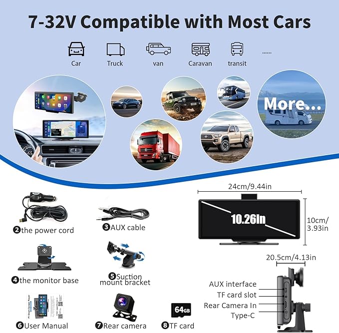 Wireless Apple Carplay Screen for Car,11.26" Portable Car Play & Android Auto Touch Screen, Upgraded Car Stereo with 4K Dash Cam,Backup Camera/Mirror Link/Voice Control/GPS/AUX/FM for All Vehicles