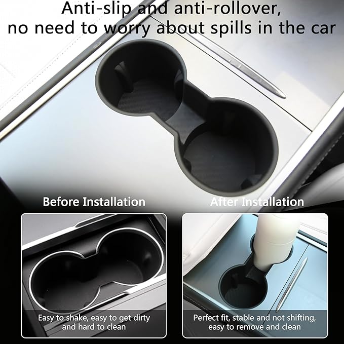 TOPABYTE 3PCS Center Console Accessories for Tesla Model Y 2021-2024 and Model 3 2021-2023 Cup Holder Insert, Screen Edge Protector Frame, Silicone Wireless Charger Mat, Black