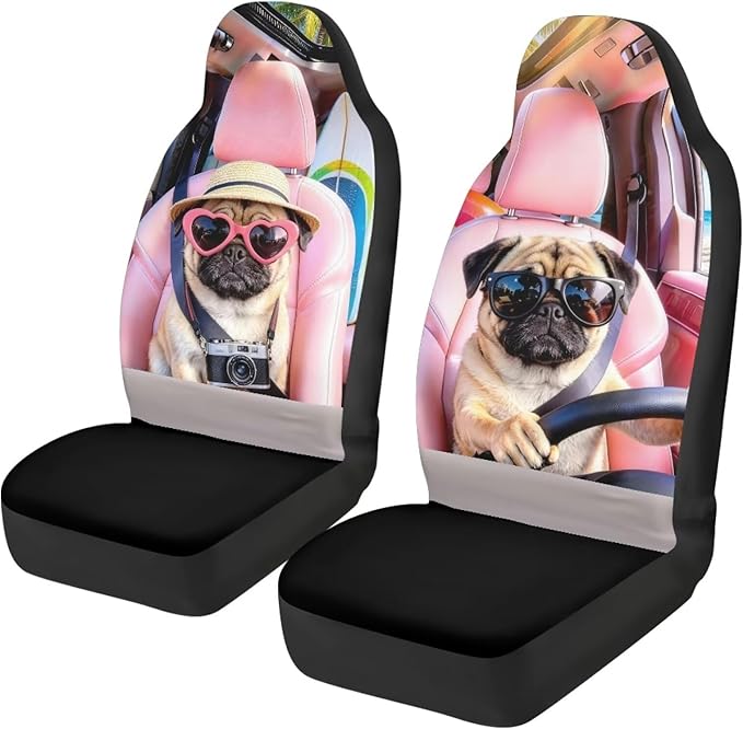 Pug Car Front Seat Covers 2 Pcs Stretch Polyester Fabric Cover Funny Car Seat Covers Protector Anti-Slip Protection Interior Accessories for Most Cars Sedans and SUVs