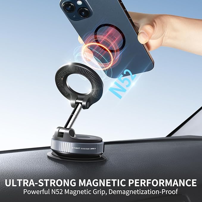 Galundge Vacuum Suction Magnetic Phone Holder, 2025 Upgraded Foldable Retractable Suction Cup Car Phone Mount for Magsafe, 360° Adjustable Magnetic Phone Stand for Cars/Gyms/Mirrors/Smooth Surface
