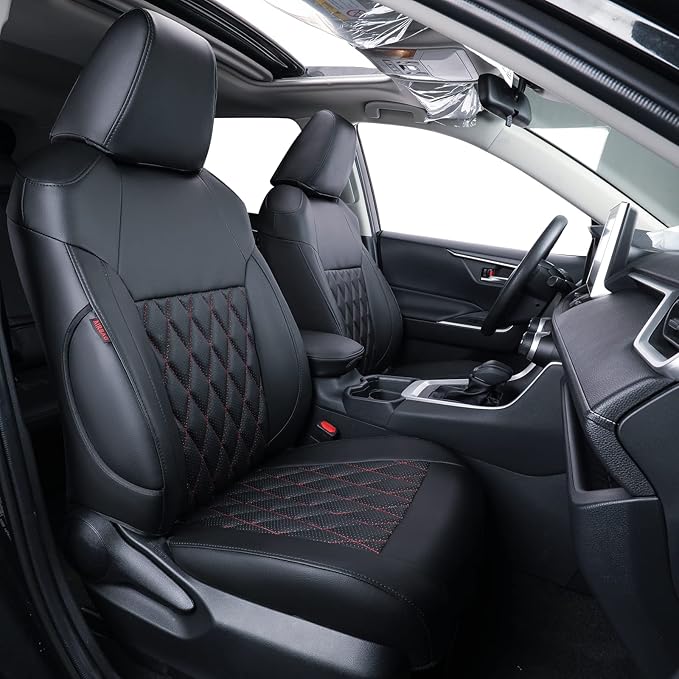 coverdream Rav4 Waterproof Leather Seat Covers Custom Fit for 2019-2024 2025 Toyota Rav4 Hybrid (Not for XSE/SE/Plug-in Hybrid),Full Coverage,Airbag Compatible,Car Seat Protector(Full Set,Red/Black)