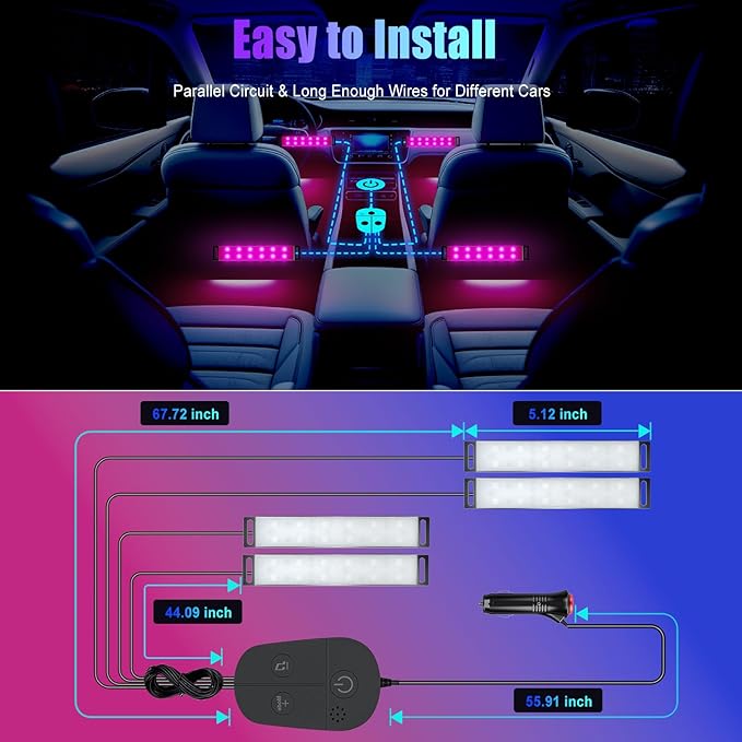 Honalia Car Lights Interior, LED Lights for Car Interior with APP Control, Truck Inside Lights with DIY Mode and Music Mode, Ambient Lighting for Men, DC 12V