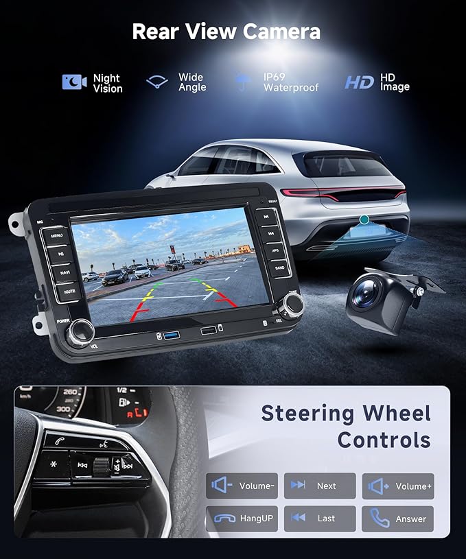 8 Core 6G+128G Android Car Stereo for VW Golf MK5 MK6 Passat Jetta Tiguan T5 EOS Polo with Wireless CarPlay Android Auto, 7” Touchscreen Car Radio GPS WiFi SWC Bluetooth 32EQ Backup Camera